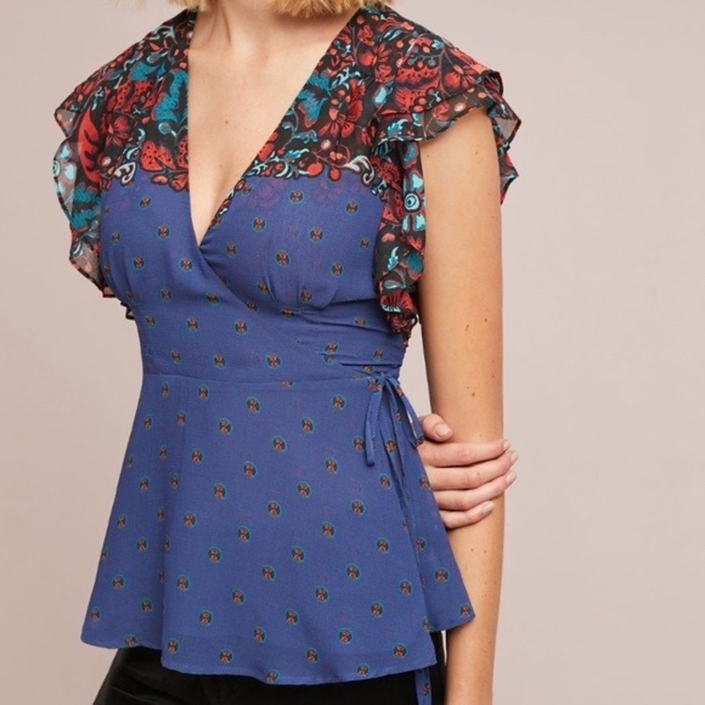 Meadow Rue Anthropologie Romantic Floral Wrap Blouse Flutter Sleeves Size 6